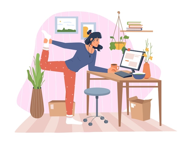 Vector stretching at workplace working female character