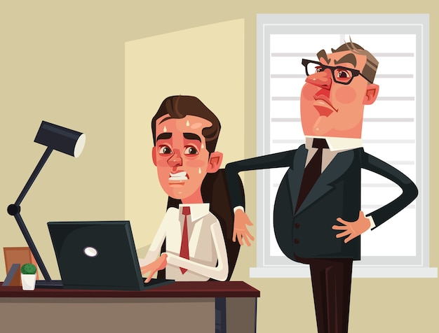 Vector strict boss businessman watching scared employees office worker character. flat cartoon illustration