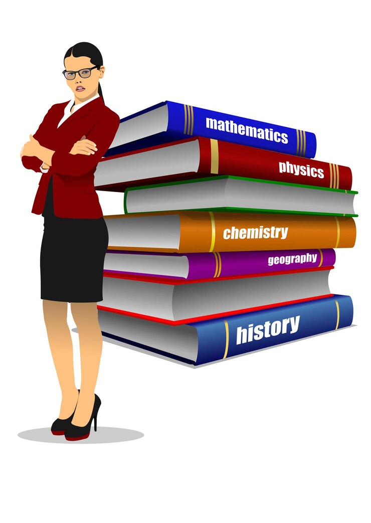 Vector strict teacher and stack of books
