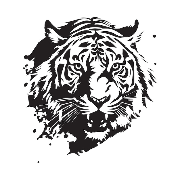 A striking black and white vector illustration of a tiger head serves as an iconic tattoo design The fierce and majestic animal is captured in this graphic symbol representing the power of the tiger