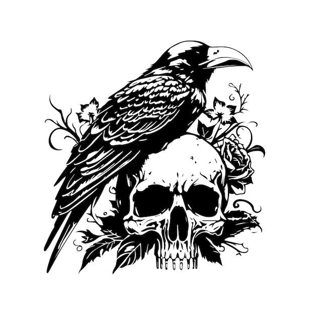 Яркая и зловещая ручная рисованная иллюстрация вороны в голове черепа