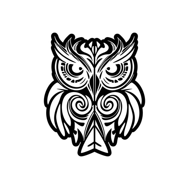 Striking patterned owl tattoo with black and white Polynesian designs