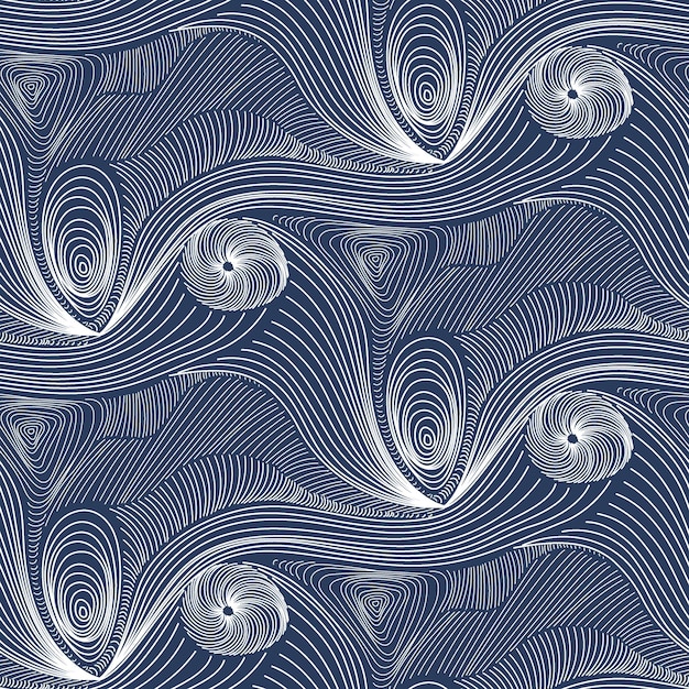 ストリングアート シアノタイプ シームレスパターン 超現実的な青と白のオパート 背景の波紋のラインワークテクスチャー