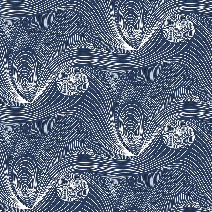 Vector string art cyanotype seamless pattern surreal blue and white opart background of wavy line work texture