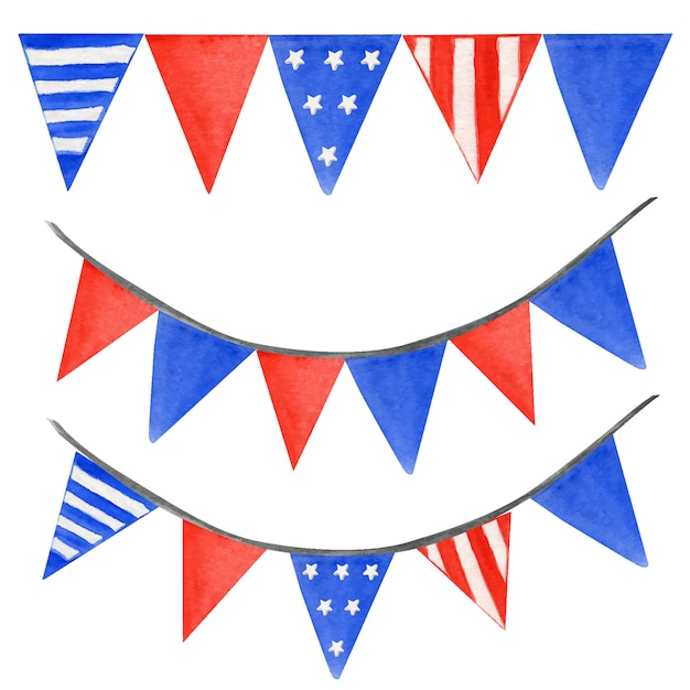 String garland of American flag set. Isolated hanging party decoration for 4th of july patriotic design of navy blue, bright red color.