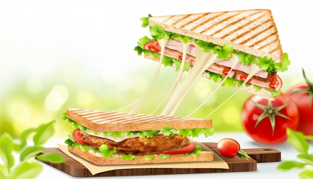 Vector stringy cheese chicken sandwich in 3d illustration on bokeh nature background