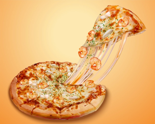 Vector stringy seafood pizza poster ads with cheese and rich ingredients in 3d illustration