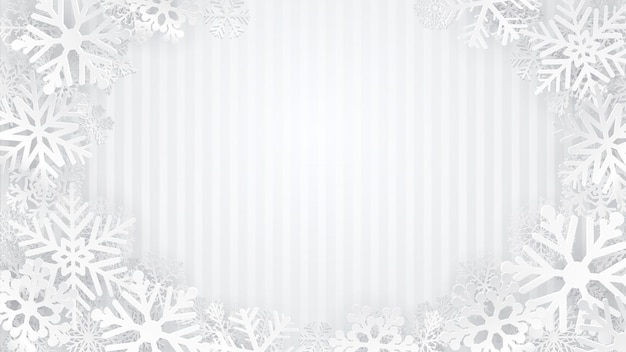 Striped background in gray colors with white snowflakes