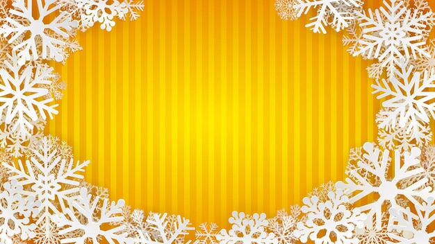 Striped background in yellow colors with white snowflakes