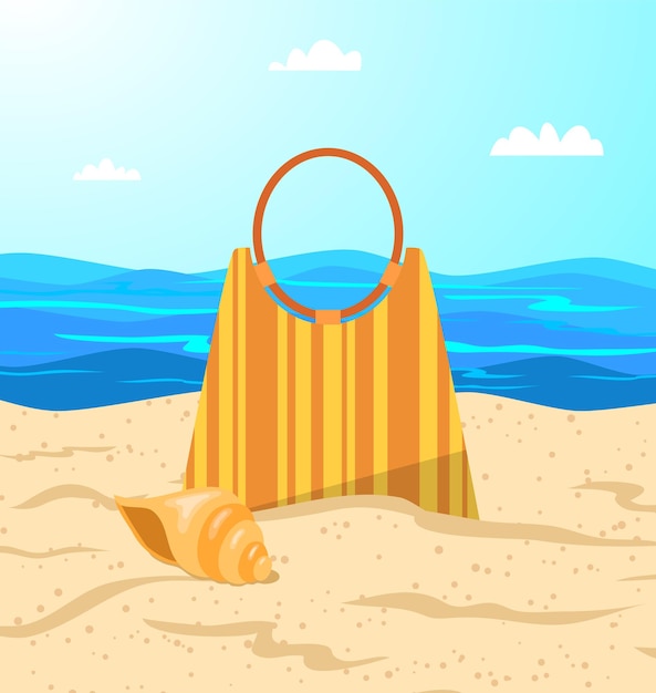 Striped beach bag on the coast. vector illustration.