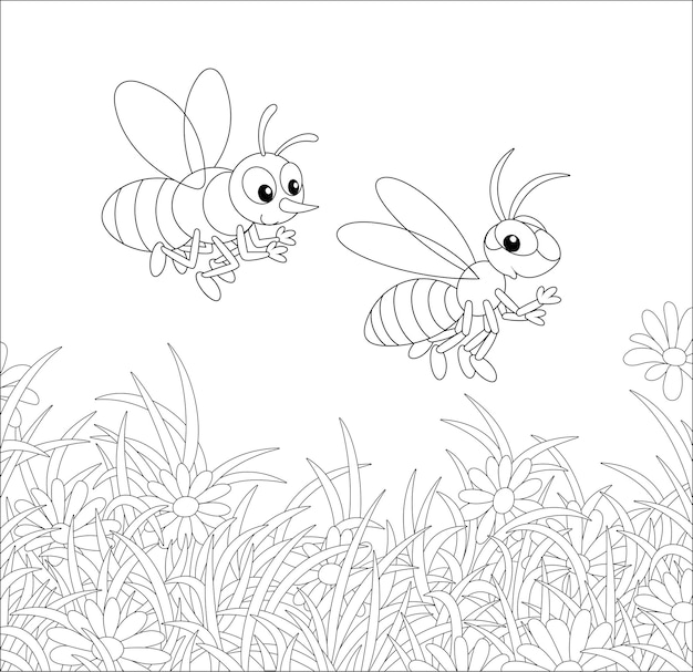 Vector striped bee and wasp buzzing and flying over a field with flowering chamomiles