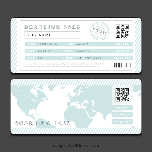 Vector striped boarding pass template with blue world map