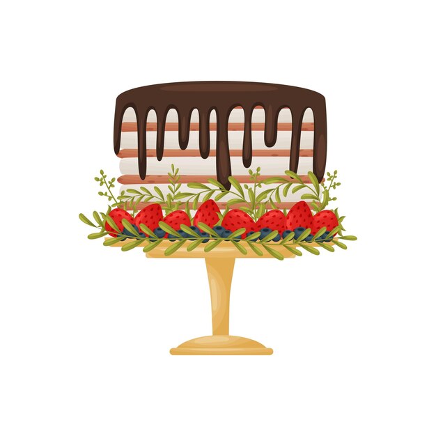 Vector striped cake with dripping chocolate coating decorated with strawberries and blueberries on a wooden stand with a leg vector illustration on white background