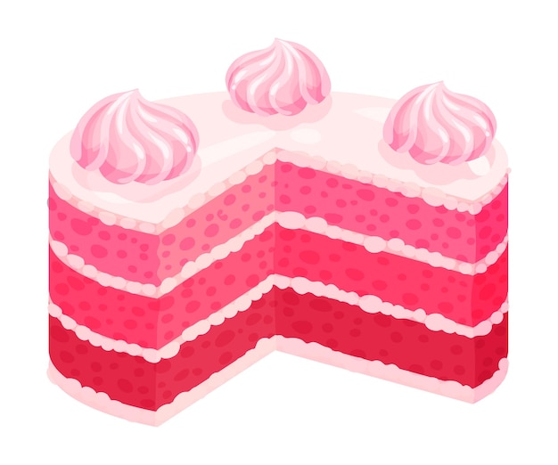 Полосатый торт с розовой глазурью и кремом Векторная иллюстрация на белом фоне