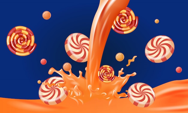 Striped candies drops in orange juice.