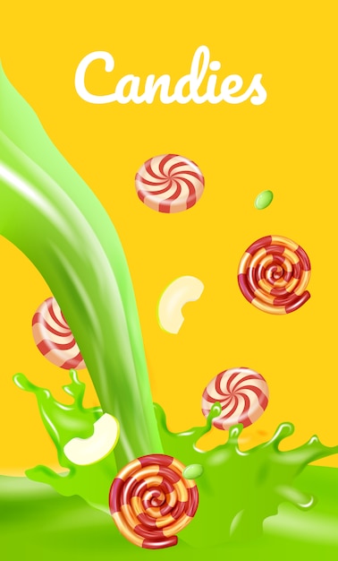 Вектор Полосатые конфеты. нарезанные капли яблок в зеленой жидкой баннер