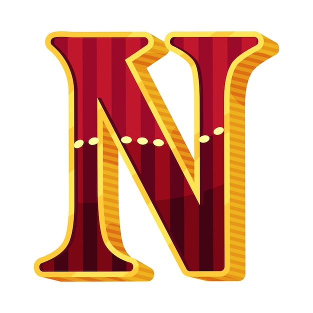 Vector striped dark red letter n in circus style gold edges and decorated with white beads vector illustration