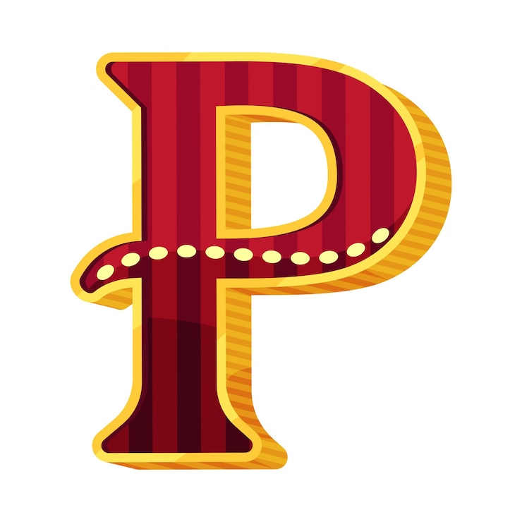 Vector striped dark red letter p in circus style gold edges and decorated with white beads vector illustration
