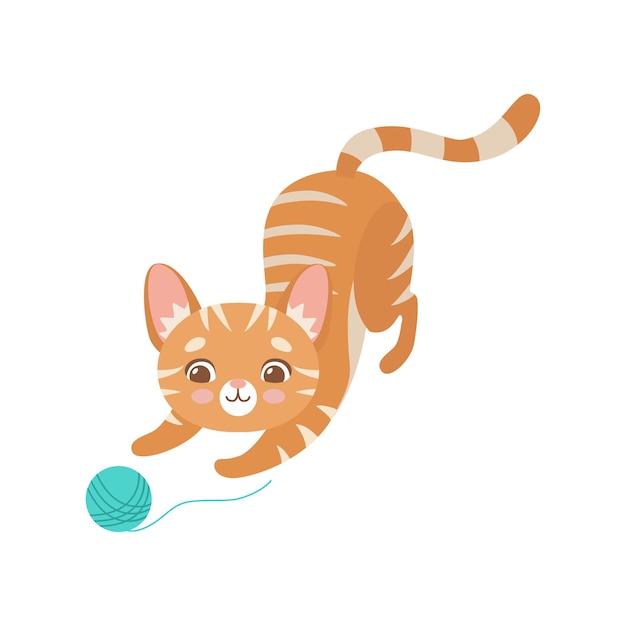 Полосатый смешной рыжий кот играет с клубком пряжи. симпатичный котенок-животное. векторная иллюстрация персонажа домашнего животного на белом фоне.