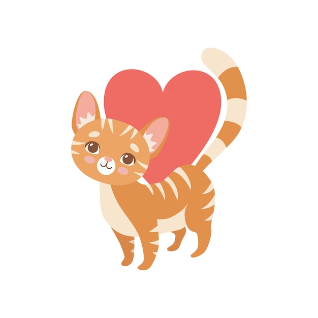 Striped Funny Red Cat with Red Heart Cute Kitten Animal Pet Character Vector Illustration on White Background