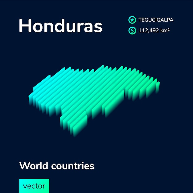 Striped isometric neon vector Honduras 3D map in trend colors Geography infographic poster