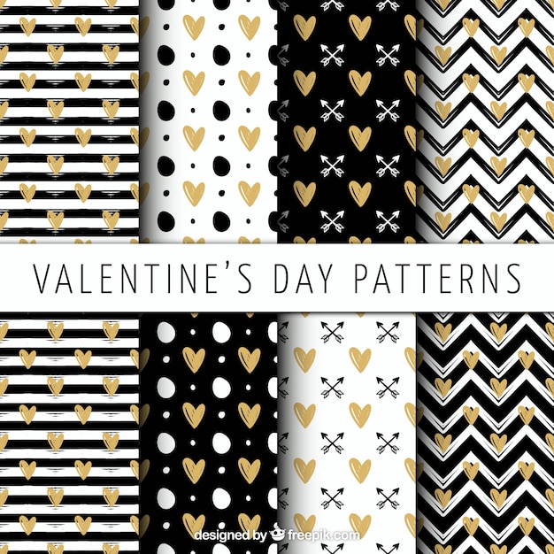 Vector striped patterns and golden hearts