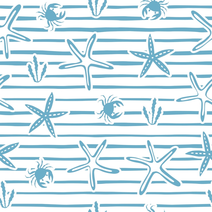 Vector striped seamless pattern with starfish and crabs