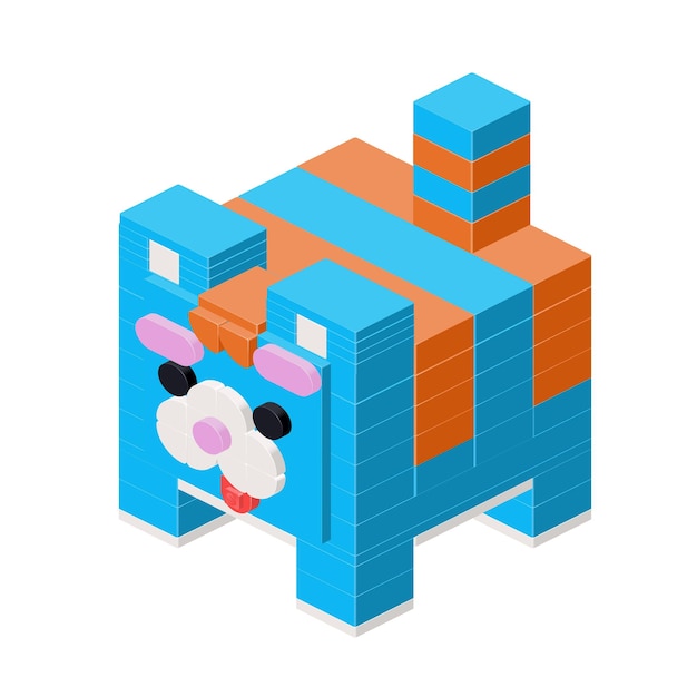 Striped square cat a toy assembled from plastic blocks and isometric bricks vector clipart