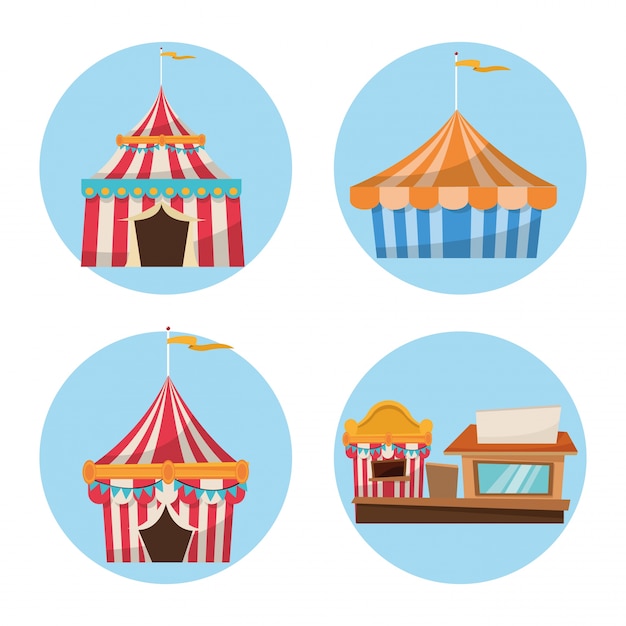 Vector striped tents with flags and stand