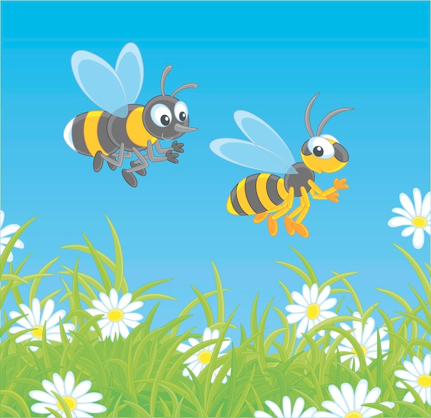 Striped yellow and black bee and wasp buzzing and flying over a green field