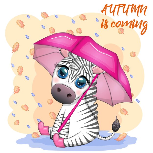 Vector striped zebra with umbrella cute kid character autumn is coming rain and yellow leaves