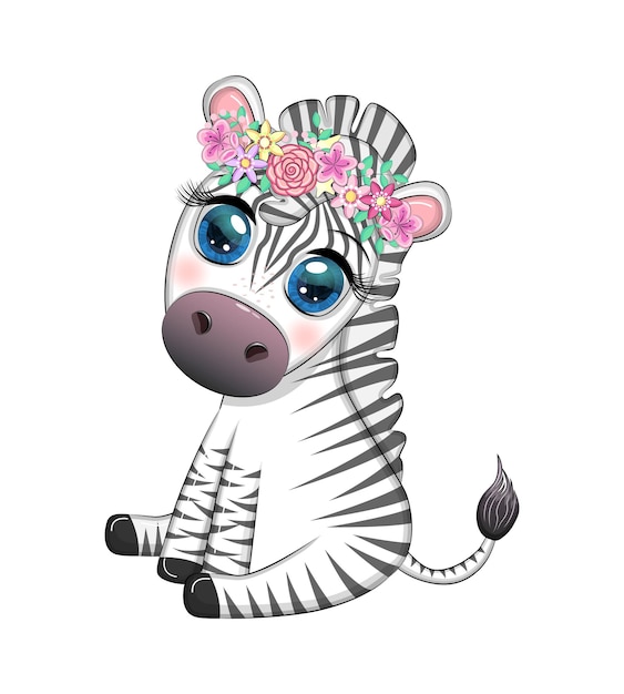 Striped zebra in a wreath of flowers with a bouquet Spring is coming