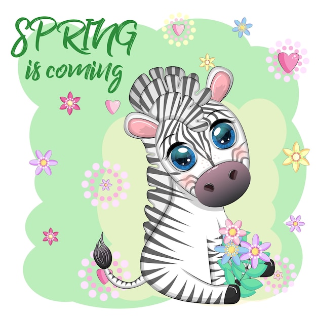 Striped zebra in a wreath of flowers with a bouquet spring is coming