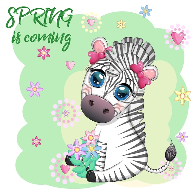 Striped zebra in a wreath of flowers with a bouquet Spring is coming