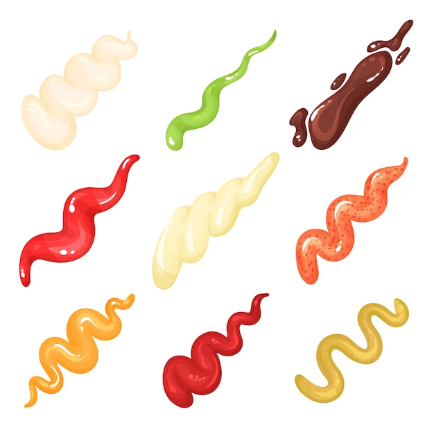 Vector stripes of different sauces ketchup, mustard, salsa, habanero, cayenne mayonnaise, cheese, chocolate, guacamole or wasabi. gravy for dishes. culinary theme. flat