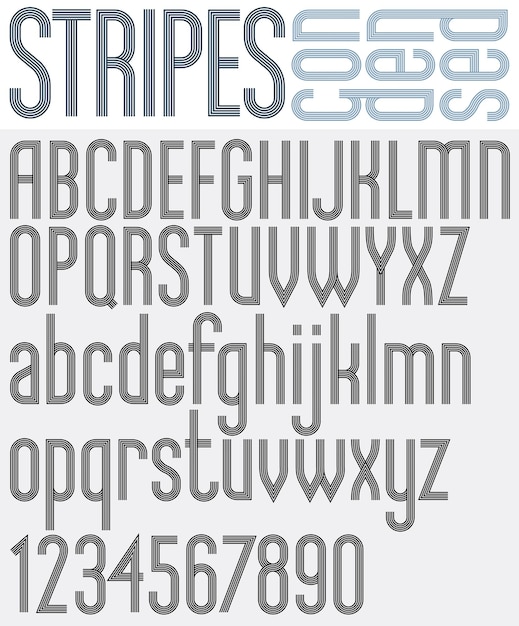 Stripes retro style graphic font, light condensed version, vector alphabet, trendy and stylish letters design. best for use in retro style posters and graphic designs. vector.