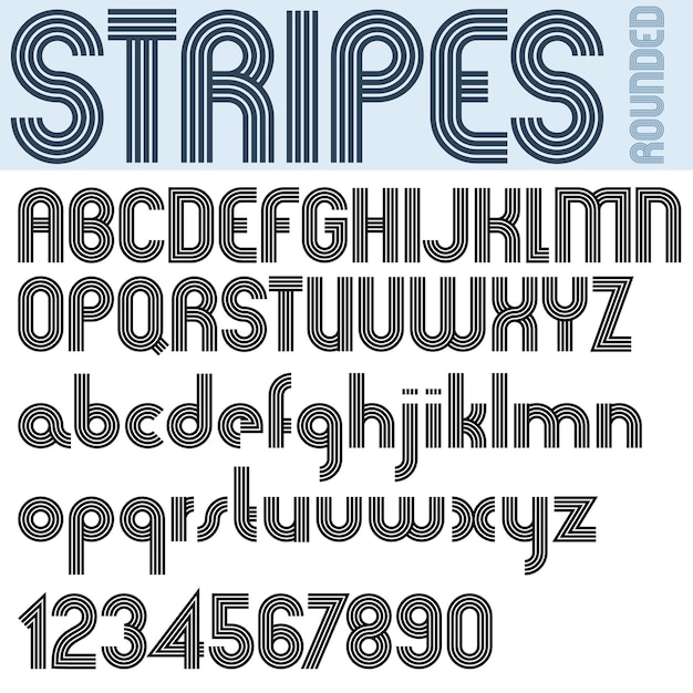 Stripes retro style graphic font, vector alphabet, trendy and stylish letters design. Best for use in retro style posters and graphic designs. Vector.