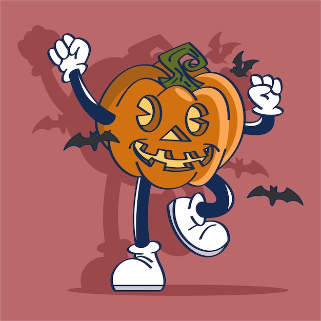 Stripfiguur Halloween Pompoen Zeg Horray Tekening Vector Illustratie Vintage Stijl