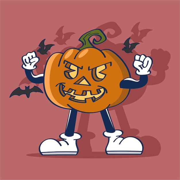 Stripfiguur Halloween Sterke Pompoen Tekening Vector Illustratie Vintage Stijl