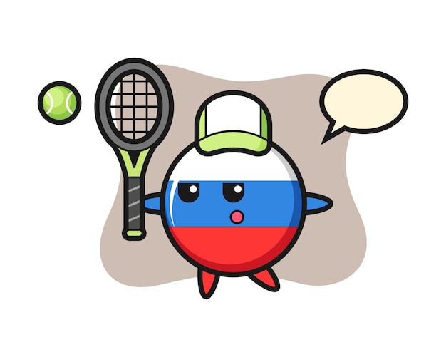 Stripfiguur van rusland vlag badge als een tennisser, schattig stijlontwerp