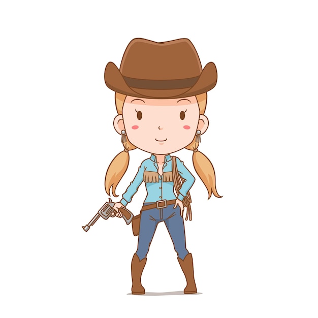 Vector stripfiguur van schattig cowgirl met pistool.