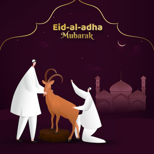 Vector stripfiguur van twee moslimmannen die geit vasthouden voor moskee op crescent moon dark purple achtergrond voor eid ald adha mubarak festival of sacrifice concept