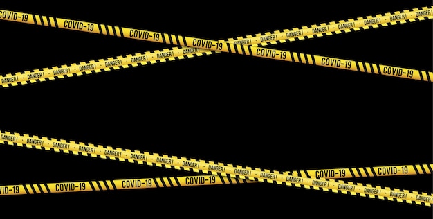 検疫コロナウイルステープボーダーのストリップ黒い背景に隔離された警告コロナウイルスストライプのセット