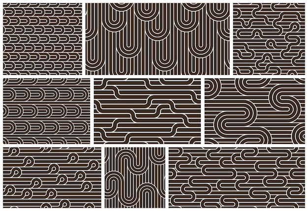 Stripy vector seamless patterns with woven lines, geometric abstract backgrounds set, stripy net, optical maze, web network.