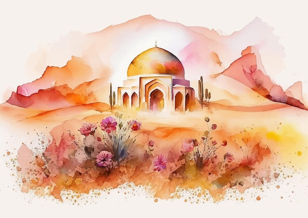 Vector strokes of genius with watercolor paintings of islamic mosques