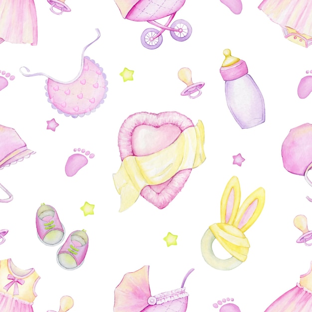 Stroller, bed, stars, pacifier, shoes, clothes, hat, mug, toys. Watercolor seamless pattern.