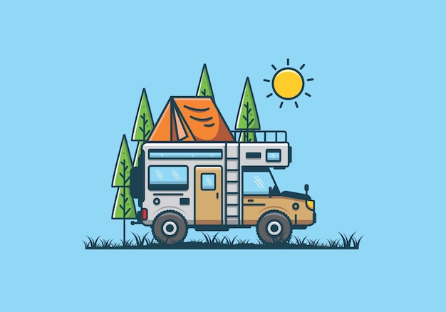 Premium Vector | Strong big camper van camping illustration