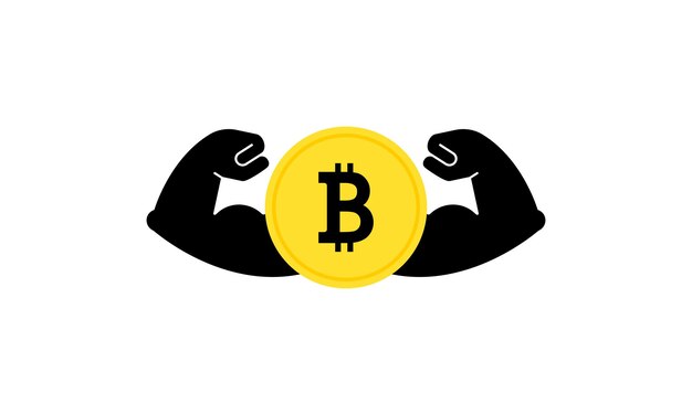 Strong bitcoin. powerful cryptocurrency. banking. vector on isolated white background. eps 10.