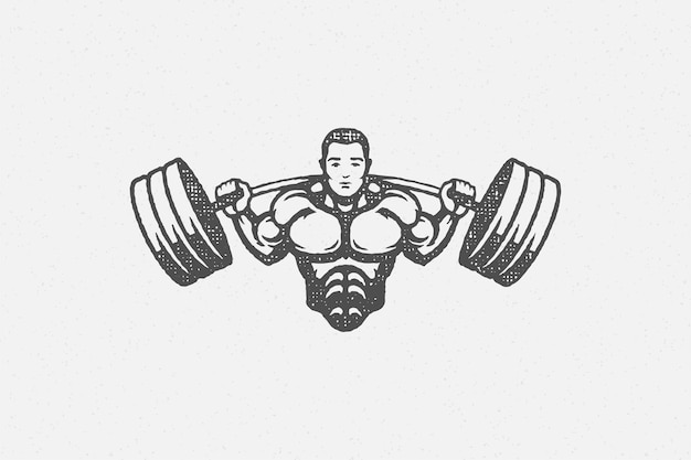 Strong bodybuilder lifting barbell silhouette hand drawn stamp