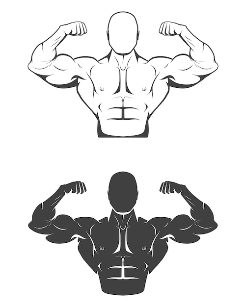 Vettore uomo forte bodybuilder con addominali perfetti, spalle, bicipiti, tricipiti e petto che flette i muscoli.